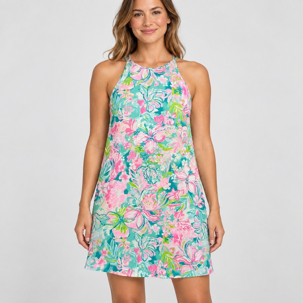 Lilly Pulitzer Pink Teal Floral Halter Tank Top with Tassels Pima Cotton L